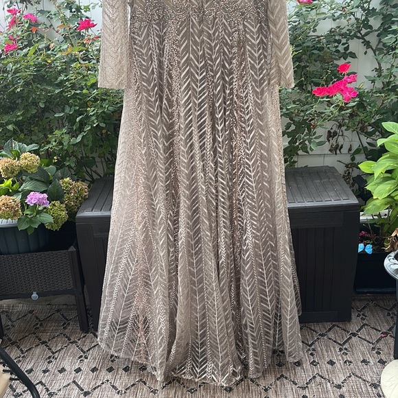 Ieena Mac Duggal - Embellished Illusion Long Sleeve Taupe A-line Gown - Picture 10 of 17